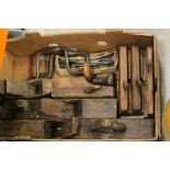 Tray of vintage Woodworking tools to include Planes, Chisels with Bradawls etc