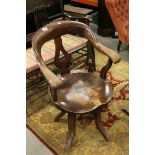 Late Victorian Elm Seated and Beech Swivel Office Tub Chair