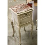 French Painted Bedside Cabinet with Marble Top , Drawer and Pot Cupboard raised on carved cabriole