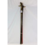 Three Walking sticks with Animal head handles and a Leather covered Military Swagger stick