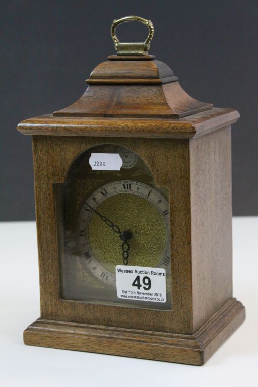 Wooden cased striking Mantle Clock with key, maker marked FHF to movement - Image 4 of 4