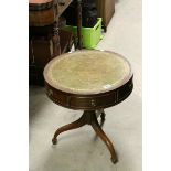 Reproduction Mahogany Effect Drum Table with Green Leather Inset Top