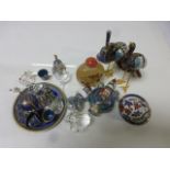 Cloisonne items to include a pair of birds, bangles, miniature bells, miniature teapot and