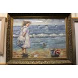 Large gilt Framed Oil Painting of a Beach Scene with Girl and Playful Puppy, signed