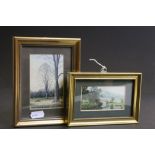 Pair of Robert Hughes miniature prints depicting cattle by bridge and river scene, titled Quiet