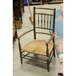 Early 20th century Lancashire Elbow Chair with Turned Spinde Back and String Seat