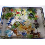 Tin of assorted miniature Murano glass fish and animals figures to include dog, birds,