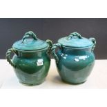 Pair of Cyan glazed Persian rope handled Pots with lids