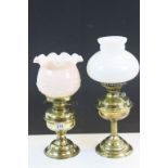Two vintage Brass Oil lamps with Glass shades