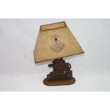 A Hand Carved World War One / WW1 Royal Artillery Wooden Desk Lamp With Original Shade.