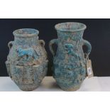 Two Iranian Museum copies of Parthian & Sassanian vases, one with Lions the other Goats