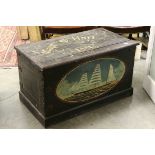 Victorian Pine Iron Bound Blanket Box, later black painted with name and date to top and sailing