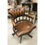 Victorian Style Brown Buttoned Leather Office Swivel Elbow Chair