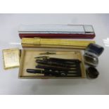 Writing equipment to include Conway Stewart 14ct gold nib lever fill fountain pen, Swan self-
