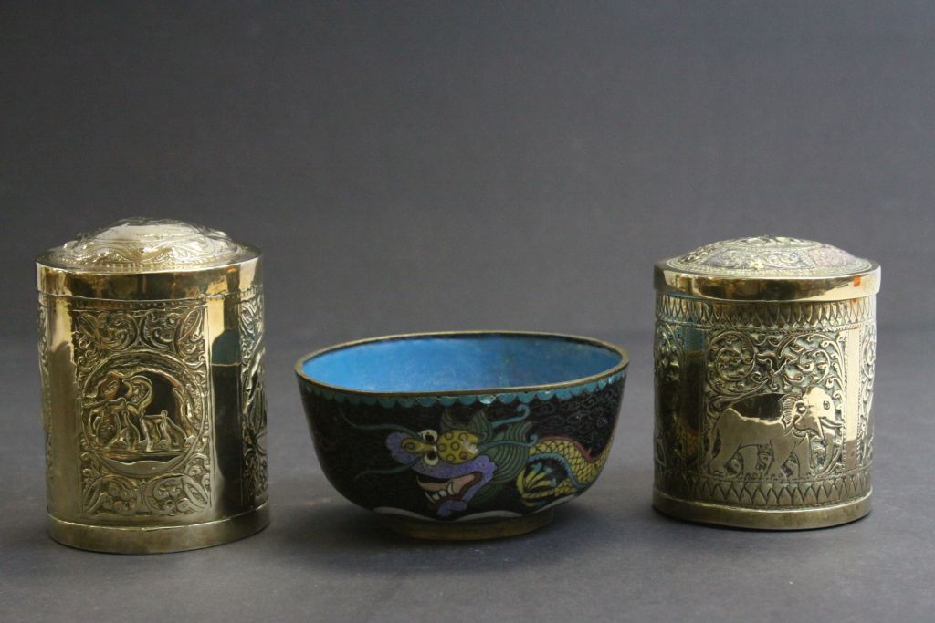 Two Indian Repousse Brass lidded Cannisters & a small Cloisonne bowl with Dragon decoration