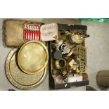 Tray of mixed metalware to include; Trivet, brass, copper flatware etc