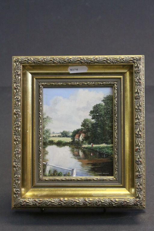 Robert Hughes (20th century British school) oil on board, titled Riverside, depicting idyllic