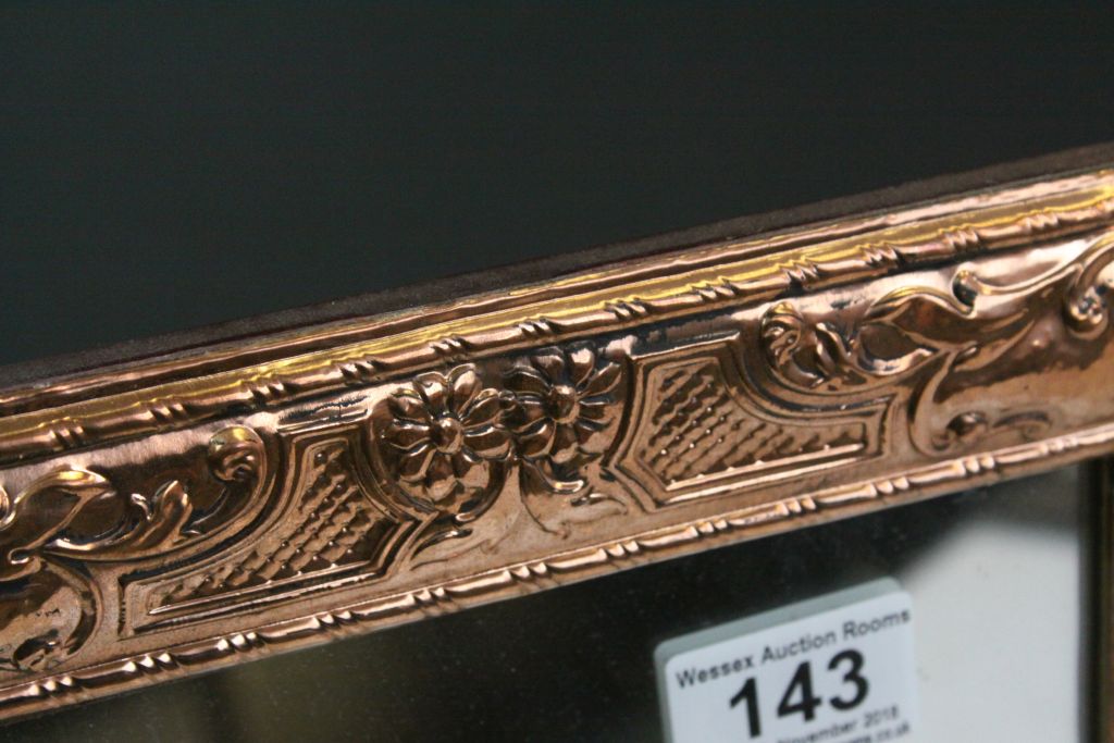 Copper framed Mirror with embossed pattern, wooden back and stand - Image 3 of 3