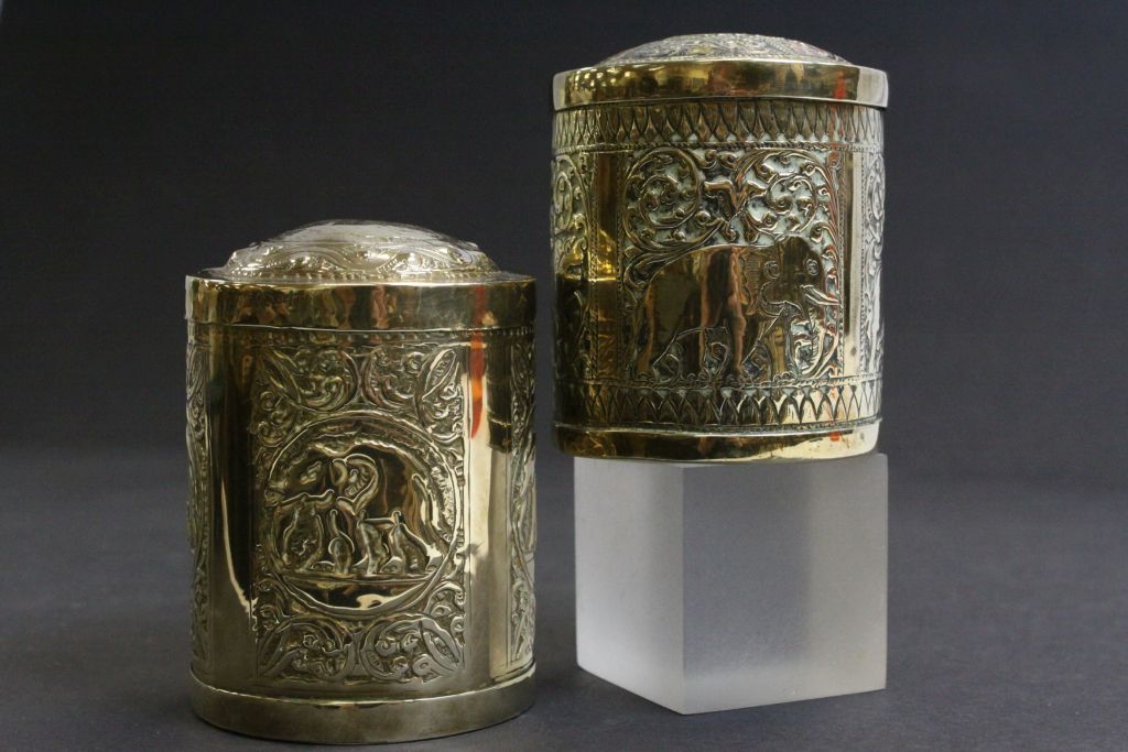 Two Indian Repousse Brass lidded Cannisters & a small Cloisonne bowl with Dragon decoration - Image 3 of 3