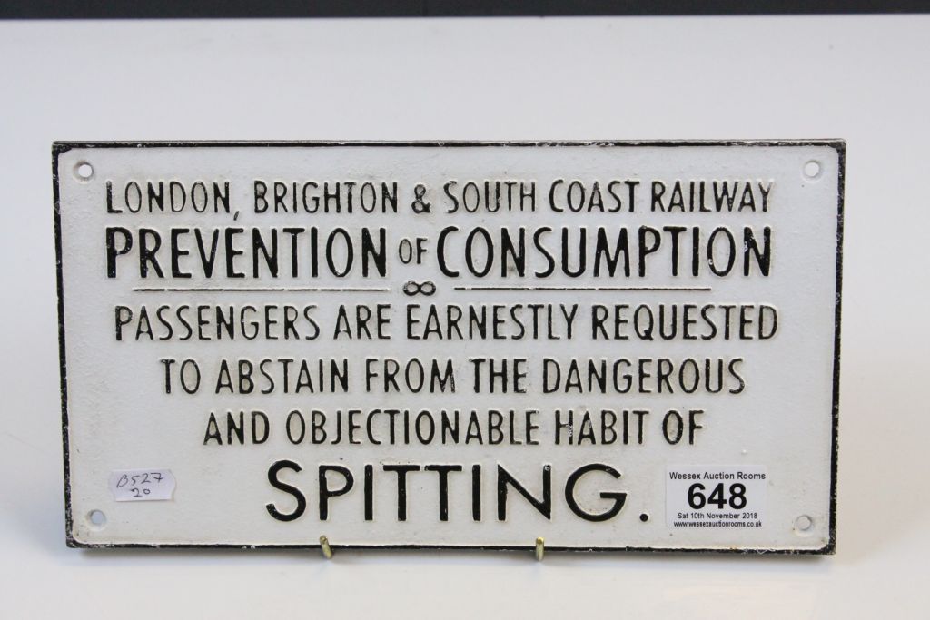 Cast Iron Sign ' Railway Prevention of Consumption Refrain from Spitting ... '