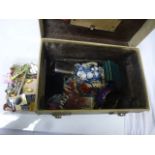 Vintage Jewellery Box and Contents including Coral Necklace, Enamel, etc plus Tub of Mixed