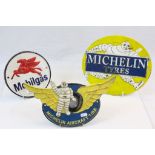 Three painted Cast Iron advertising plaques for Mobilgas & Michelin
