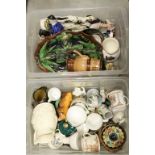 Two boxes of mixed vintage ceramics to include Staffordshire flatbacks, Royal Doulton etc