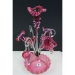 Ornate Cranberry glass Epergne centrepiece with spiral canes, flared flutes and hanging