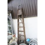 Large Set of Wooden Folding Step Ladders together with Two Galvanised and an Enamel Bucket plus a