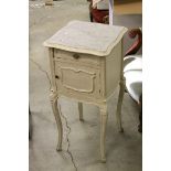 French Painted Bedside Cabinet with Marble Top , Drawer and Pot Cupboard raised on carved cabriole