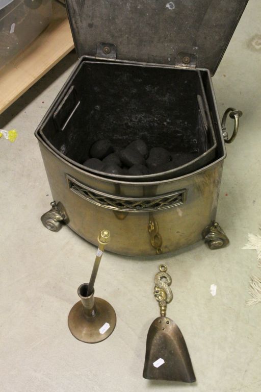 Ornate Brass Coal bin with liner, Poker with stand and a small shovel - Image 2 of 2