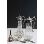 two Silver plate & cut glass Claret Jugs, a Georgian Silver plated wine funnel, white metal Bonbon