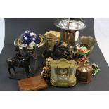 Box of mixed collectables to include a Silver plated heater