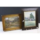 Two framed Watercolours, one of a Woodland scene the other of Countryside with a Church in the