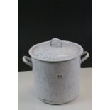 Large French Enamel Cooking pot, twin handled with lid and having a Marbled finish