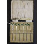 Cased Set of Six Silver Cocktail Sticks with Coloured Enamel Cockerel Finials, Birmingham 1927,