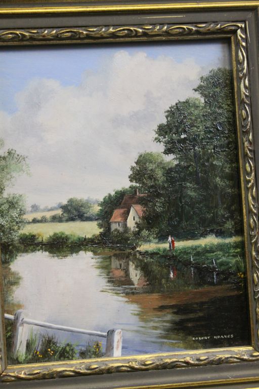 Robert Hughes (20th century British school) oil on board, titled Riverside, depicting idyllic - Image 2 of 2