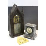 Slate Mantle Clock with Marble inlay and a Gothic style wooden cased American clock with glazed