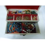 Jewellery box containing costume jewellery to include hardstone beads, pair of enamelled hair combs,