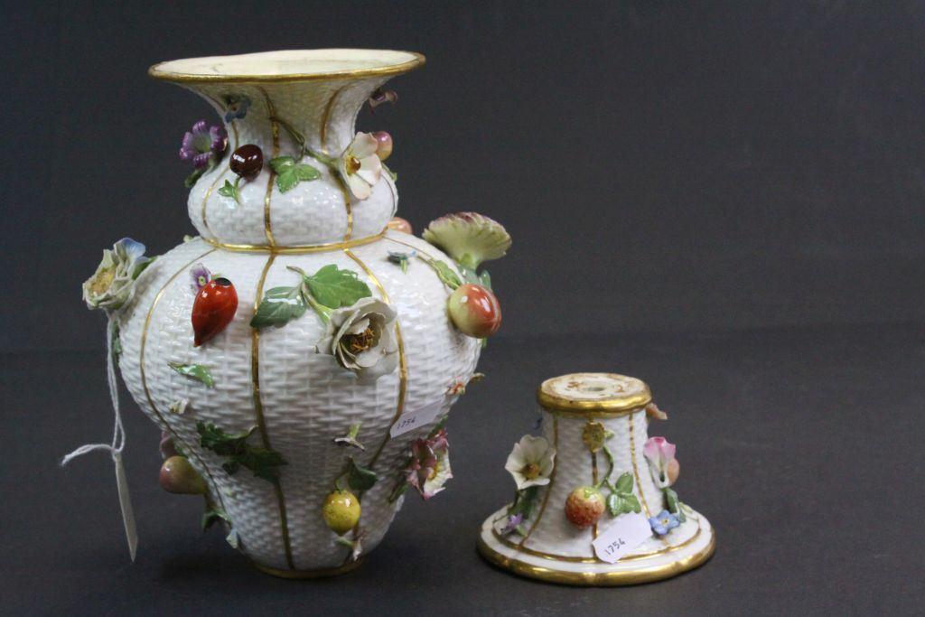 Meissen crossed sword marked pedestal Vase with raised Fruit & Floral decoration for restoration