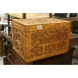 Oriental Stationery / Writing Slope Box, heavily carved with dragons and flowers