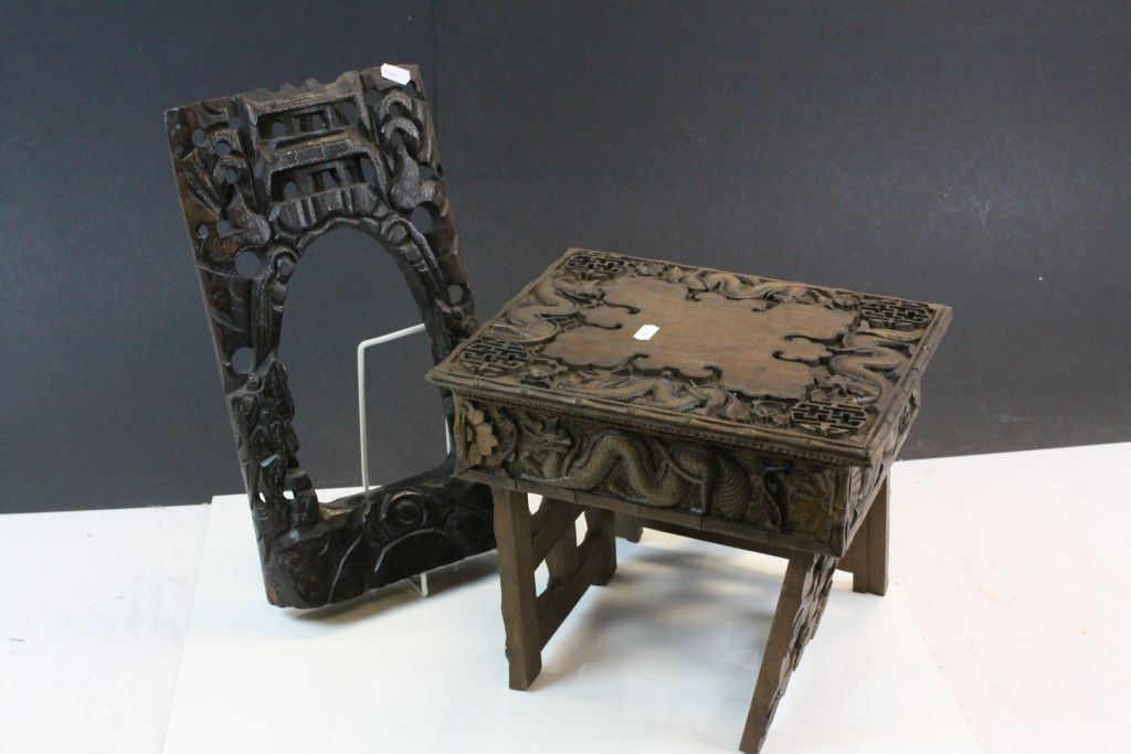 Chinese / Oriental Hardwood Folding / Travelling Table, ornately carved with Dragons, 32cms wide x