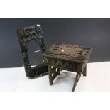 Chinese / Oriental Hardwood Folding / Travelling Table, ornately carved with Dragons, 32cms wide x