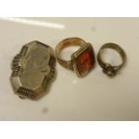 Yellow and rose metal carnelian signet ring, engraved initials, textured band, ring size S½ together