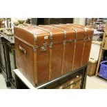 Large Vintage Metal Covered Wooden Bound Travelling Trunk with Leather Carrying Handles, 98cms