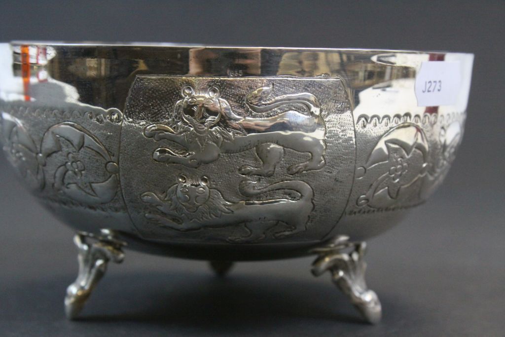 White metal bowl raised on three feet, repousse lion and stylised floral decoration, approximately - Image 2 of 5
