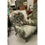Victorian Button Back Armchair with Bird and Floral Pattern Upholstery and raised on Turned Legs and