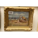 Oil on Panel Gilt Framed Oil Painting of a Victorian Beach Gathering