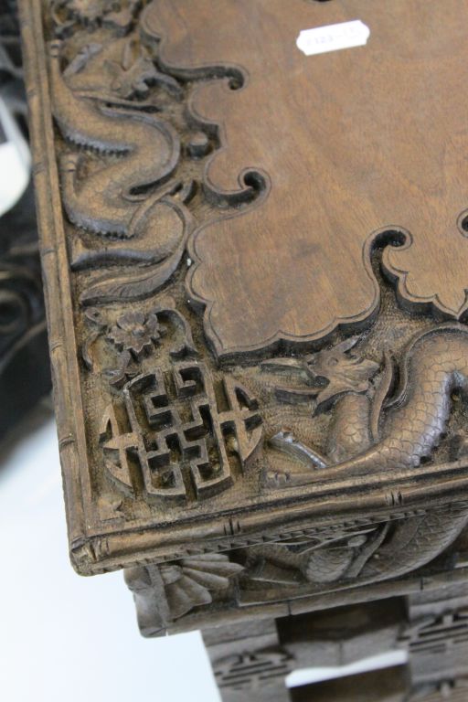 Chinese / Oriental Hardwood Folding / Travelling Table, ornately carved with Dragons, 32cms wide x - Image 3 of 4
