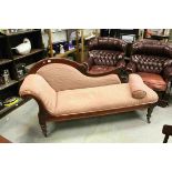 Victorian Style Mahogany Framed Chaise Lounge with Shaped Back and Scroll Arm, upholstered in pink